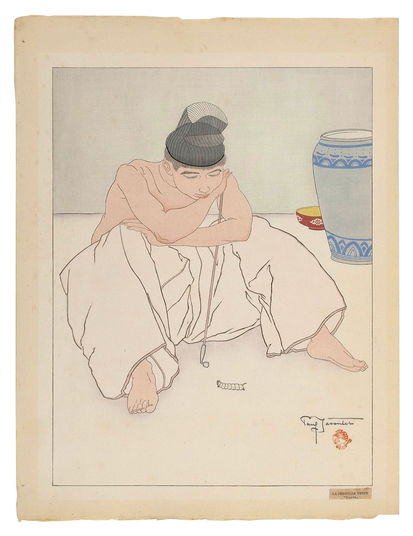 PAUL JACOULET (France/Japan, 1902-1960), La Chenille Verte. Coree (#35)., Woodblock print, 18.5" x (1 of 2)
