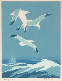 TOD (RAPHAEL LEROY) LINDENMUTH (Massachusetts/Florida, 1885-1976), "Seafarers"., Color linocut, 10"