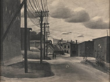 THOMAS ADRIAN FRANSIOLI (Massachusetts, 1906-1997), Street scene, 1949., Charcoal on paper, 19.5" x