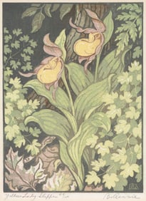 PROVINCETOWN SCHOOL (Early 20th Century,), Yellow ladyslippers., Color woodblock print, 9" x 7"