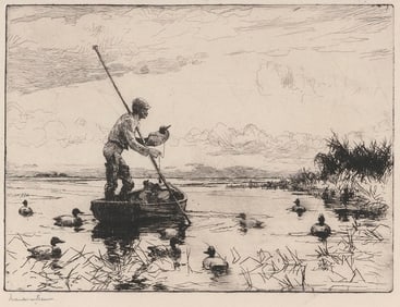 FRANK WESTON BENSON (Massachusetts, 1862-1951), "Setting Decoys", 1923., Etching, 8" x 11". Framed