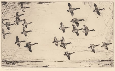 FRANK WESTON BENSON (Massachusetts, 1862-1951), "Over Currituck Marshes", 1926., Drypoint, 7" x 12".