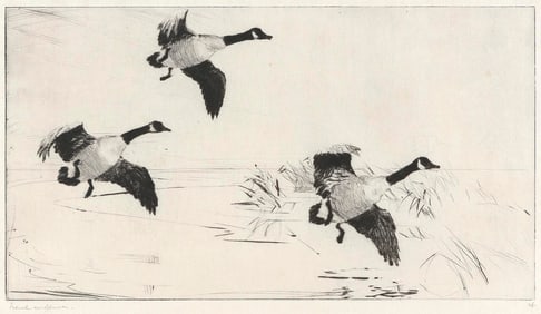 FRANK WESTON BENSON (Massachusetts, 1862-1951), "Three Geese", 1918., Drypoint, 8" x 14.75". Framed