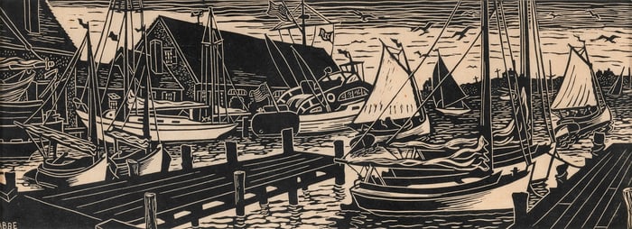 WILLIAM PARKER ABBE (New York/Massachusetts, 1916-1983), Menemsha., Linoleum cut, 7" x 19.5" sight.