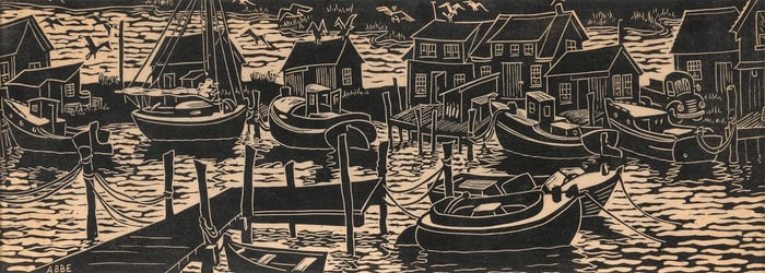 WILLIAM PARKER ABBE (New York/Massachusetts, 1916-1983), Edgartown., Linoleum cut, 7" x 19.5" sight.