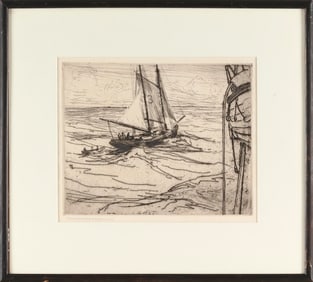 CHARLES HERBERT WOODBURY (Maine/Massachusetts, 1864-1940), "The Pilot", circa 1925., Etching, 8.5" x