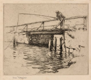 SEARS GALLAGHER (Massachusetts, 1869-1955), "The Angler"., Etching and drypoint, 4.75" x 5.75".