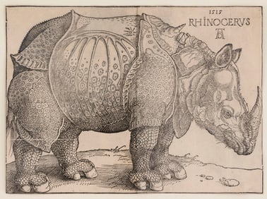 ALBRECHT DURER (Germany, 1471-1528), "Rhinoceros", 1515., Woodcut, 8.375" x 11.75". Framed 18.75" x