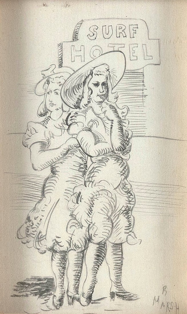 REGINALD MARSH (New York/Vermont, 1898-1954), Study for "Frozen Custard", 1939., Pen and ink over: REGINALD MARSHNew York/Vermont, 1898-1954Study for "Frozen Custard", 1939. Signed lower right "R Marsh". Study for the same-titled etching. Sasowsky 183.Pen and ink over oil on a cigar box cover, 6.25