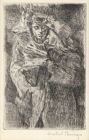 ISABEL (WOLFF) BISHOP (New York/Ohio, 1902-1988), "In the Bus", 1947., Etching, 5.5" x 3.75" sight.