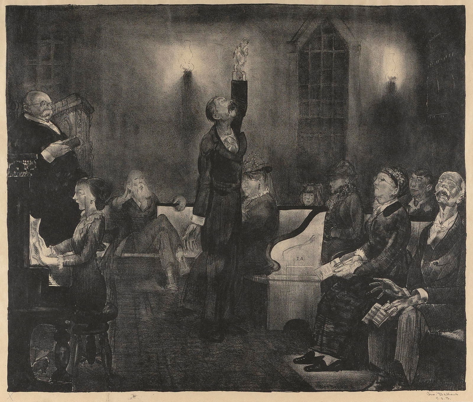 GEORGE WESLEY BELLOWS (New York/Ohio, 1882-1925), "Prayer Meeting, Second Stone", 1916., Lithograph: GEORGE WESLEY BELLOWSNew York/Ohio, 1882-1925"Prayer Meeting, Second Stone", 1916. Edition of approx. 47. Signed "George Bellows E.S.B." by the artist's wife, Emma Bellows, and numbered "X" in pencil