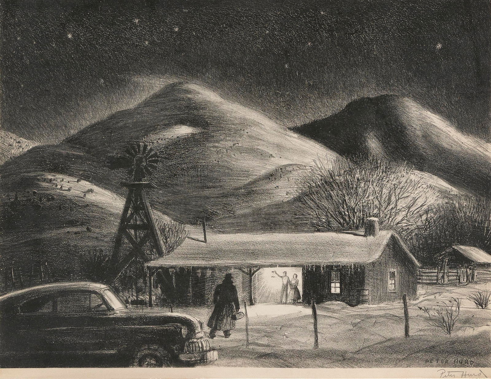 PETER HURD (New Mexico/Pennsylvania, 1904-1984), "The Late Call", 1949., Lithograph, 13.5" x 13.25".: PETER HURDNew Mexico/Pennsylvania, 1904-1984"The Late Call", 1949. Signed in pencil lower right. A very good impression of this large and extremely scarce lithograph; we have found only six other impr