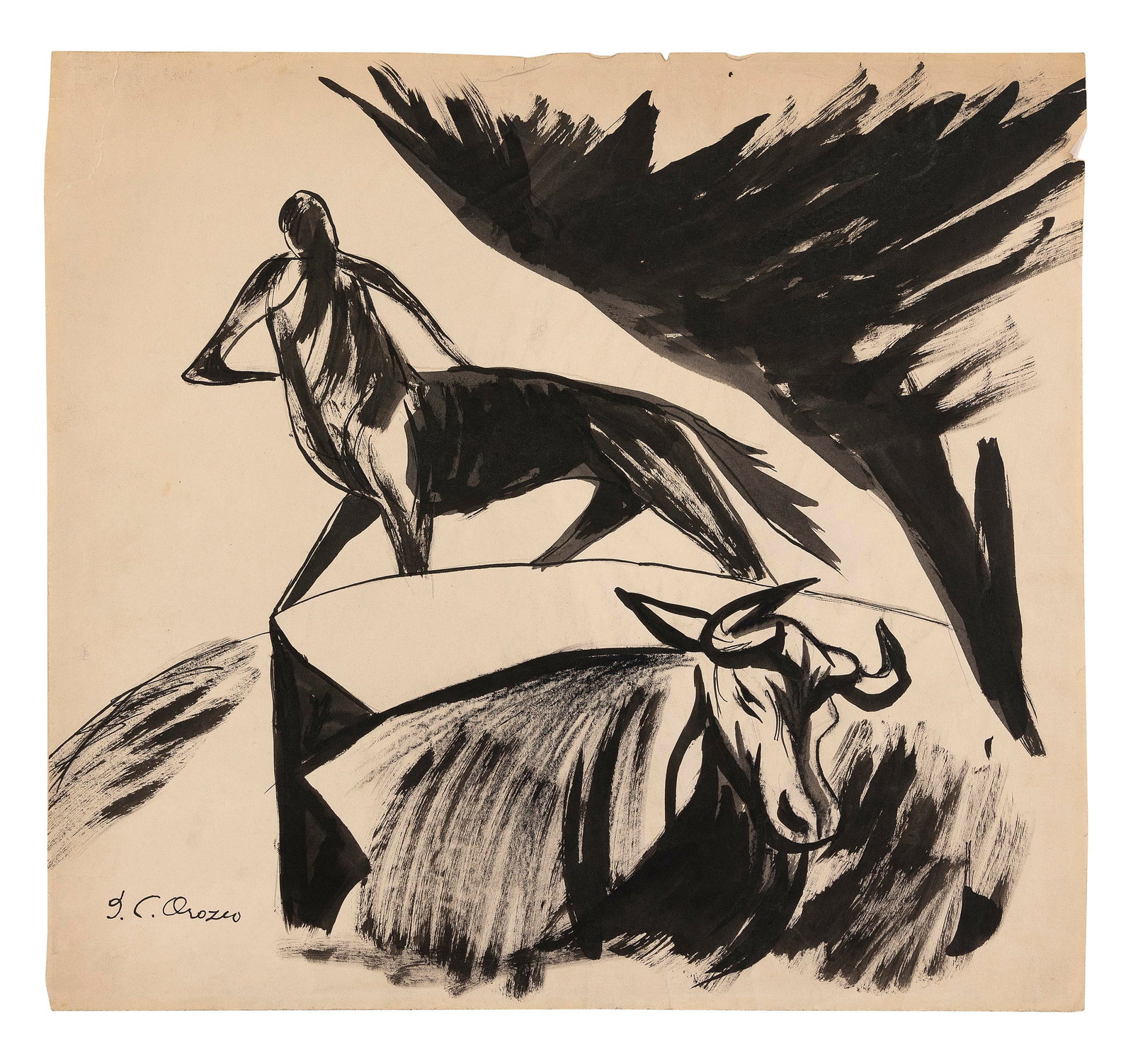 JOSE CLEMENTE OROZCO (Mexico, 1883-1949), Centaur and bull., Brush and ink on paper, 14" x 15". (1 of 6)