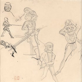 EUGENE DELACROIX (France, 1798-1863), "The Squire"., Pencil and ink on paper, 6" x 6". Framed 11.25"