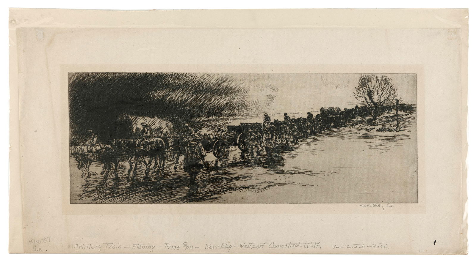 KERR EBY (Connecticut/Canada/Japan, 1889-1946), "Artillery Train WWI", 1919., Etching, 8.5" x 17".: KERR EBYConnecticut/Canada/Japan, 1889-1946"Artillery Train WWI", 1919. Signed in pencil lower right. Giardina 30.Etching, 8.5" x 17". Unframed.