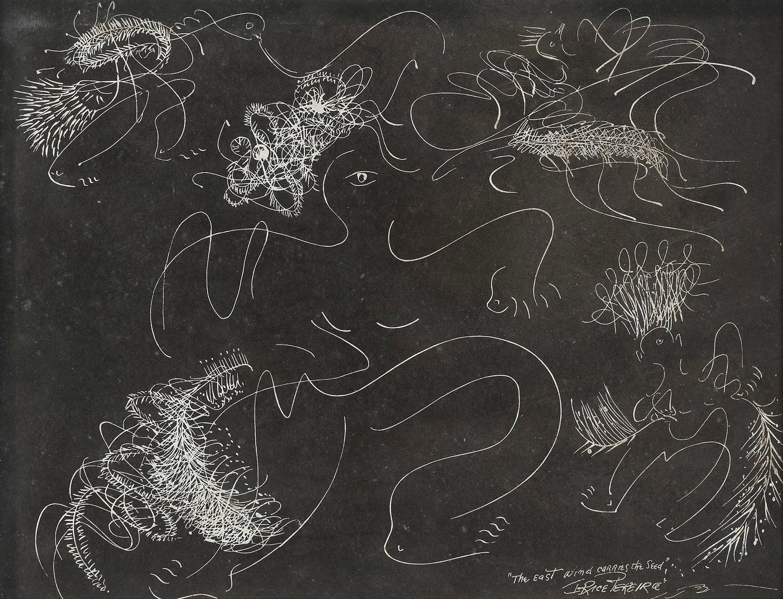 IRENE RICE PEREIRA (New York/Massachusetts/Spain, 1902-1971), "The East Wind Carries the Seed".,: IRENE RICE PEREIRA New York/Massachusetts/Spain, 1902-1971 "The East Wind Carries the Seed". Signed lower right "I. Rice Pereira". Titled lower right. Mixed media on paper, 11.5" x 15.5" sight. Framed