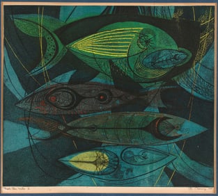 DANNY (DANIEL P.) PIERCE (Washington/California, 1920-2014), "Fish in Nets 2", 1953., Color etching,