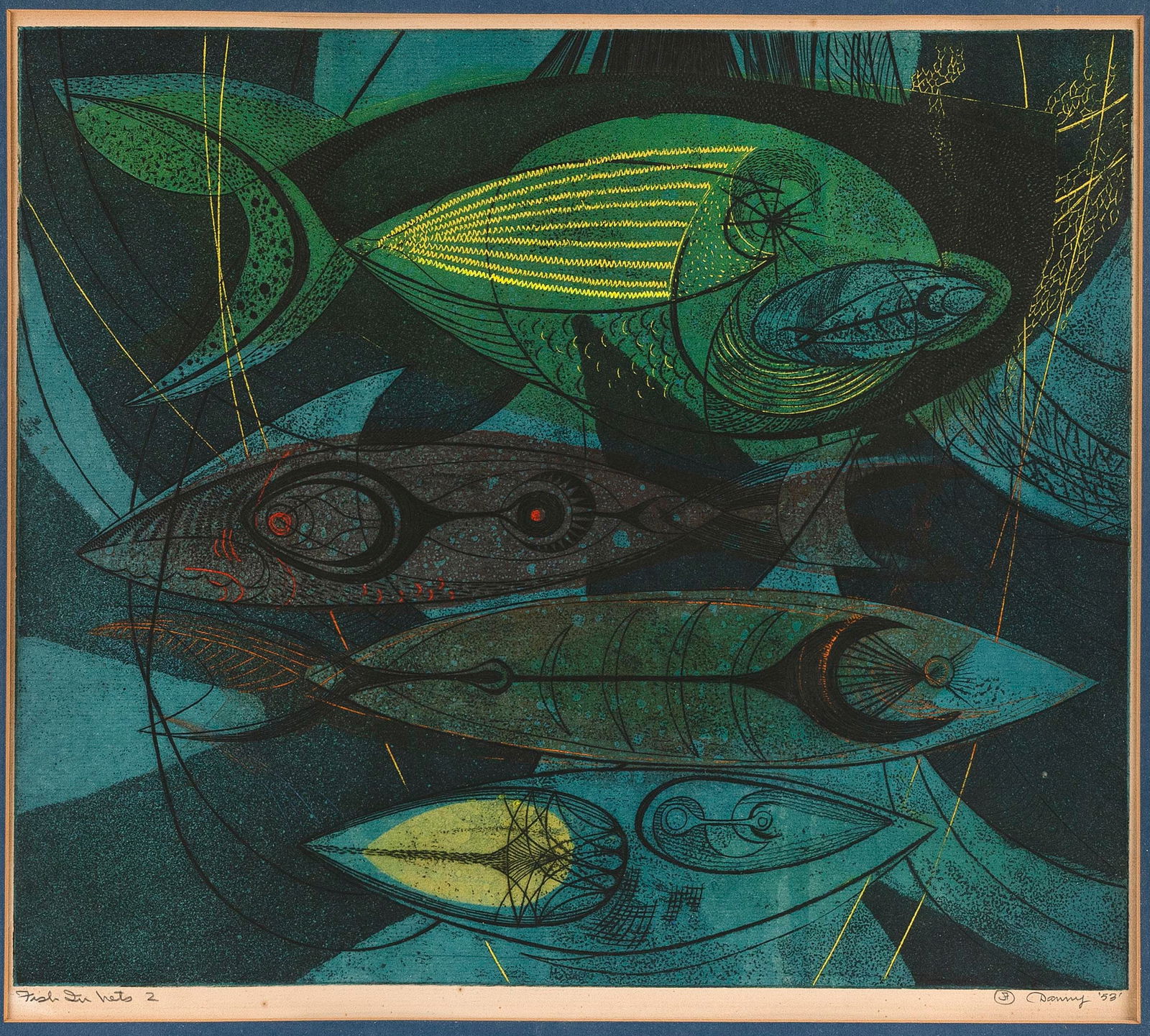 DANNY (DANIEL P.) PIERCE (Washington/California, 1920-2014), "Fish in Nets 2", 1953., Color etching, (1 of 3)