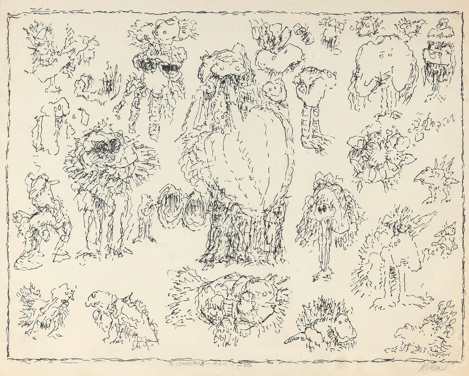 EDWARD BENJAMIN KOREN (New York/Vermont, 1935-2023), Animals., Ink on paper, 16" x 20". Framed 21.5" (1 of 2)