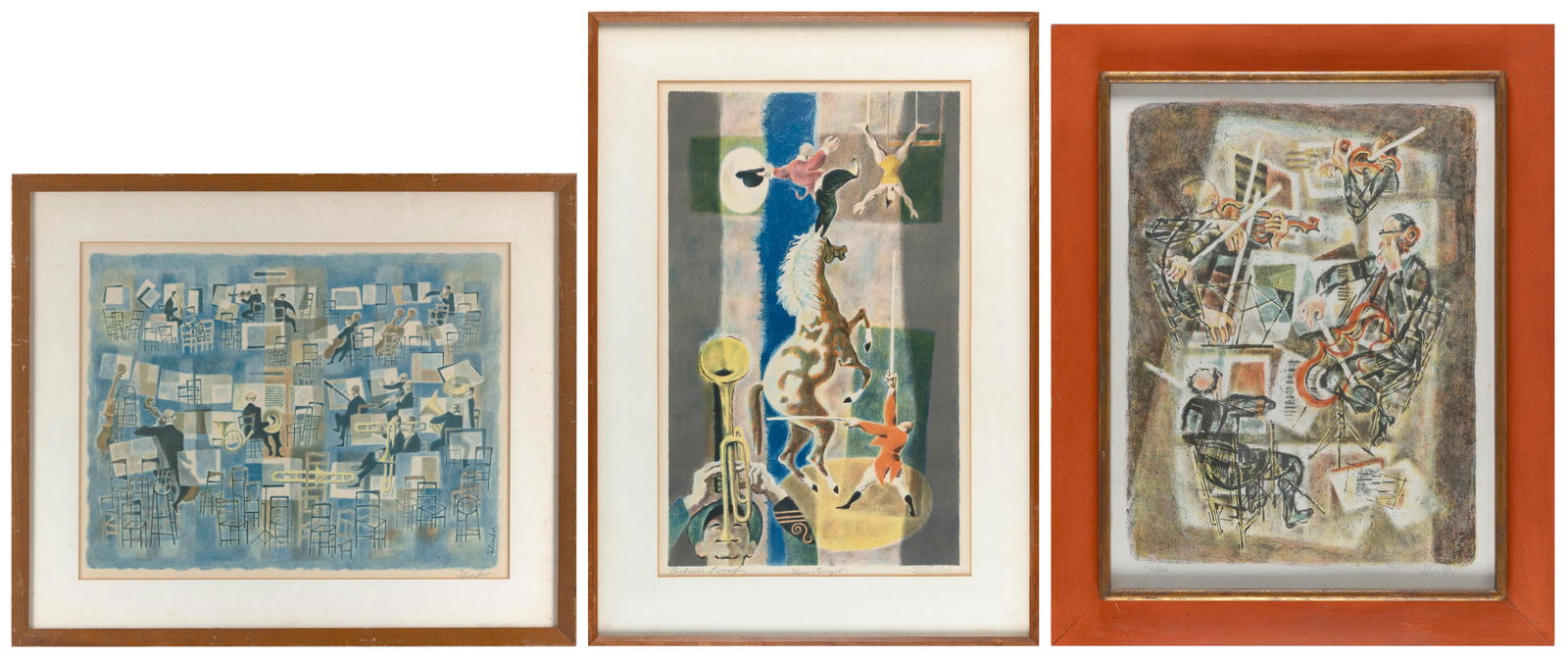 GEORGES SCHREIBER (New York/Belgium, 1904-1977), Three works:, Color lithographs, each approx. 24" x: GEORGES SCHREIBERNew York/Belgium, 1904-1977Three works: 1) "Musical Interlude". Signed in pencil lower right.2) "Horse and Trumpet". An artist's proof. Signed, titled and inscribed "Artist's Proof" i
