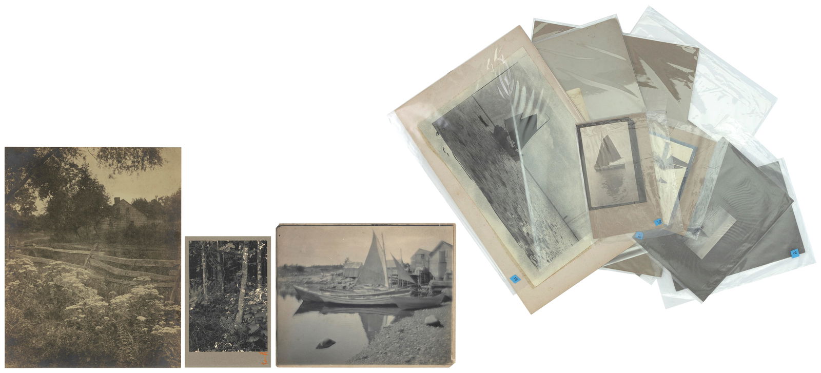 RUDOLF EICKEMEYER (New York, 1862-1932), Eleven photographs depicting nature, sailing vessels and: RUDOLF EICKEMEYERNew York, 1862-1932Eleven photographs depicting nature, sailing vessels and country scenes. Five mounted. One with Eickemeyer's initials and dated 1900 in red on the mount. Others uns