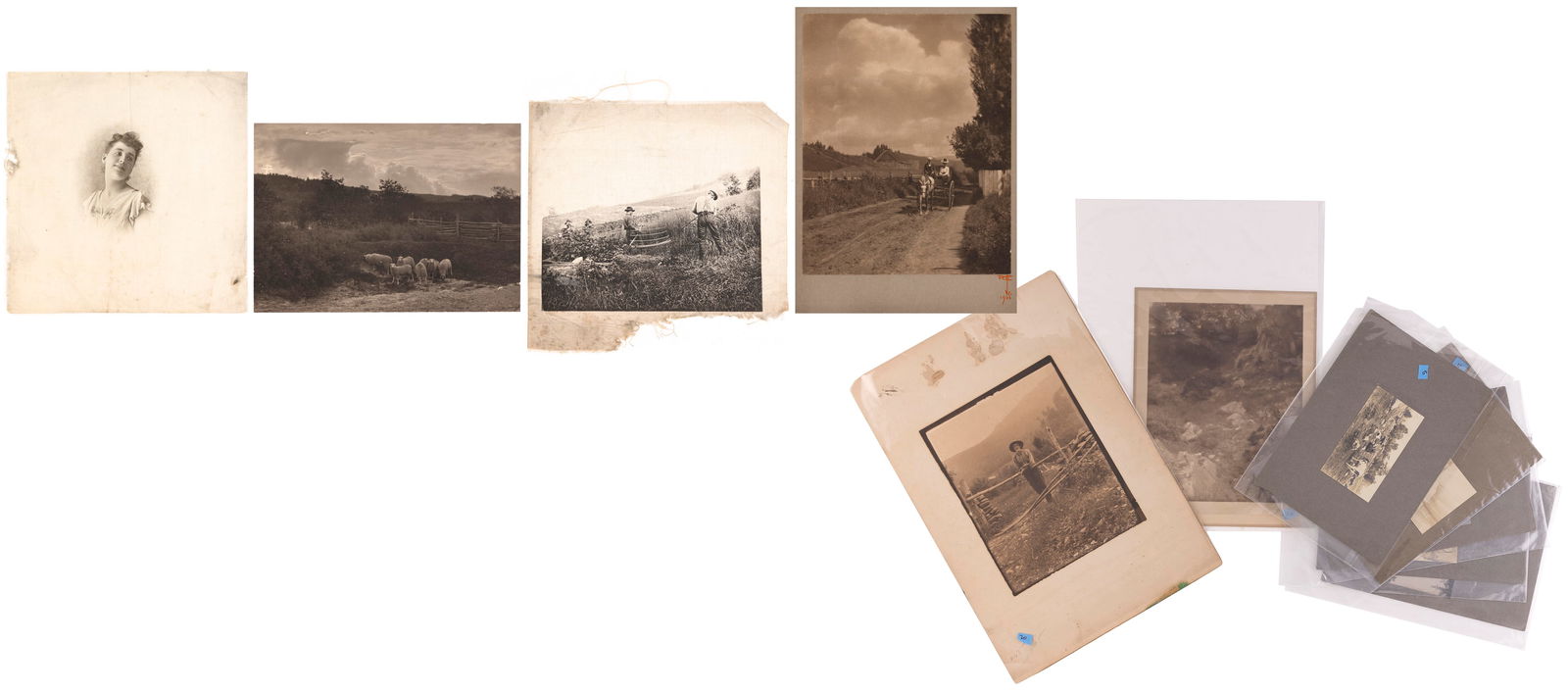 RUDOLF EICKEMEYER (New York, 1862-1932), Eleven photographs, including a portrait of a lady as well: RUDOLF EICKEMEYERNew York, 1862-1932Eleven photographs, including a portrait of a lady as well as nature and country scenes. Seven mounted. One with Eickemeyer's initials and dated 1900 in red on the