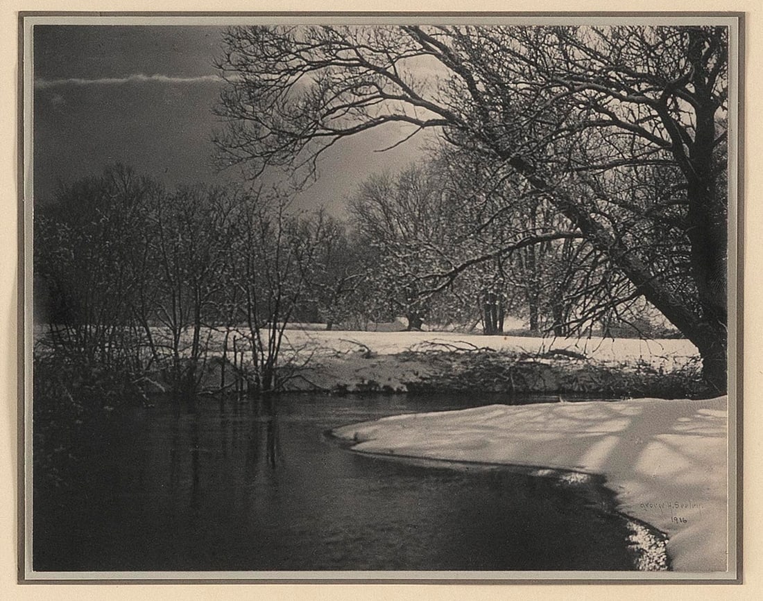 GEORGE H. SEELEY (New York, 1880-1955), "Winter Scene, Snow", 1916., Platinum print, sheet 7.75" x: GEORGE H. SEELEYNew York, 1880-1955"Winter Scene, Snow", 1916. Signed and dated within the image lower right.Platinum print, sheet 7.75" x 9.75". Framed 22.75" x 22".