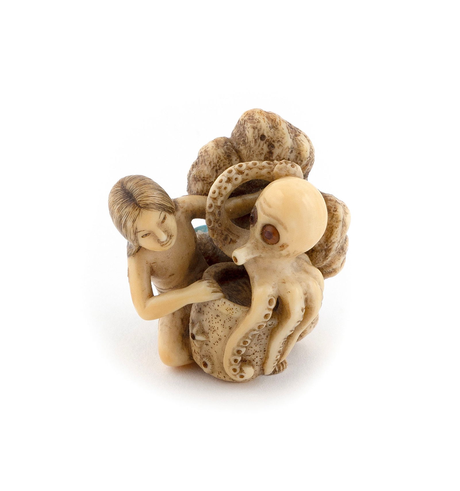 UNIQUE JAPANESE CARVED IVORY AND TURQUOISE NETSUKE BY RANTEI Late 18th/Early 19th Century Height (1 of 5)