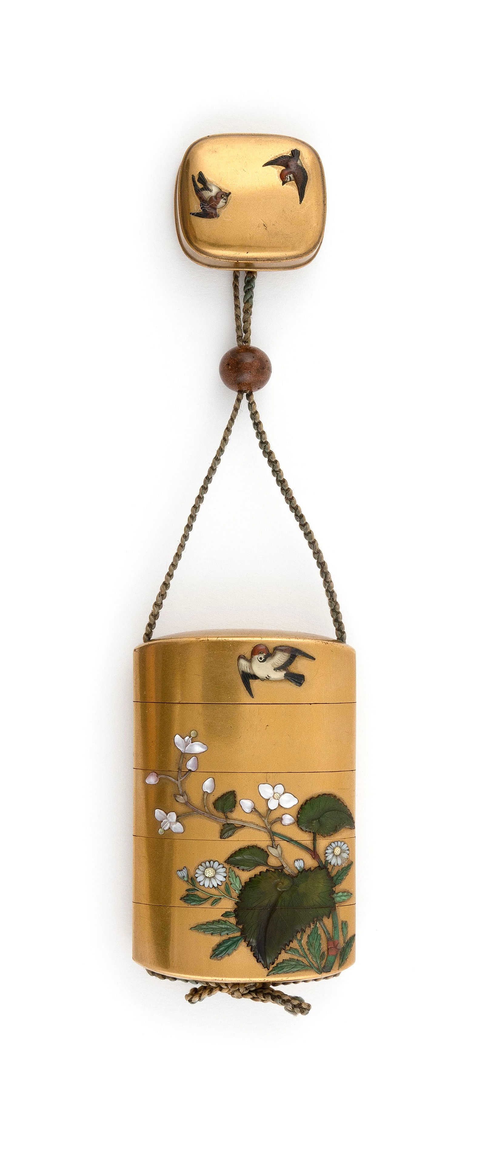 JAPANESE GILT LACQUER FOUR-CASE INRO BY KOMIN 19th Century Inro length 3.25". Netsuke length 1.25". (1 of 2)