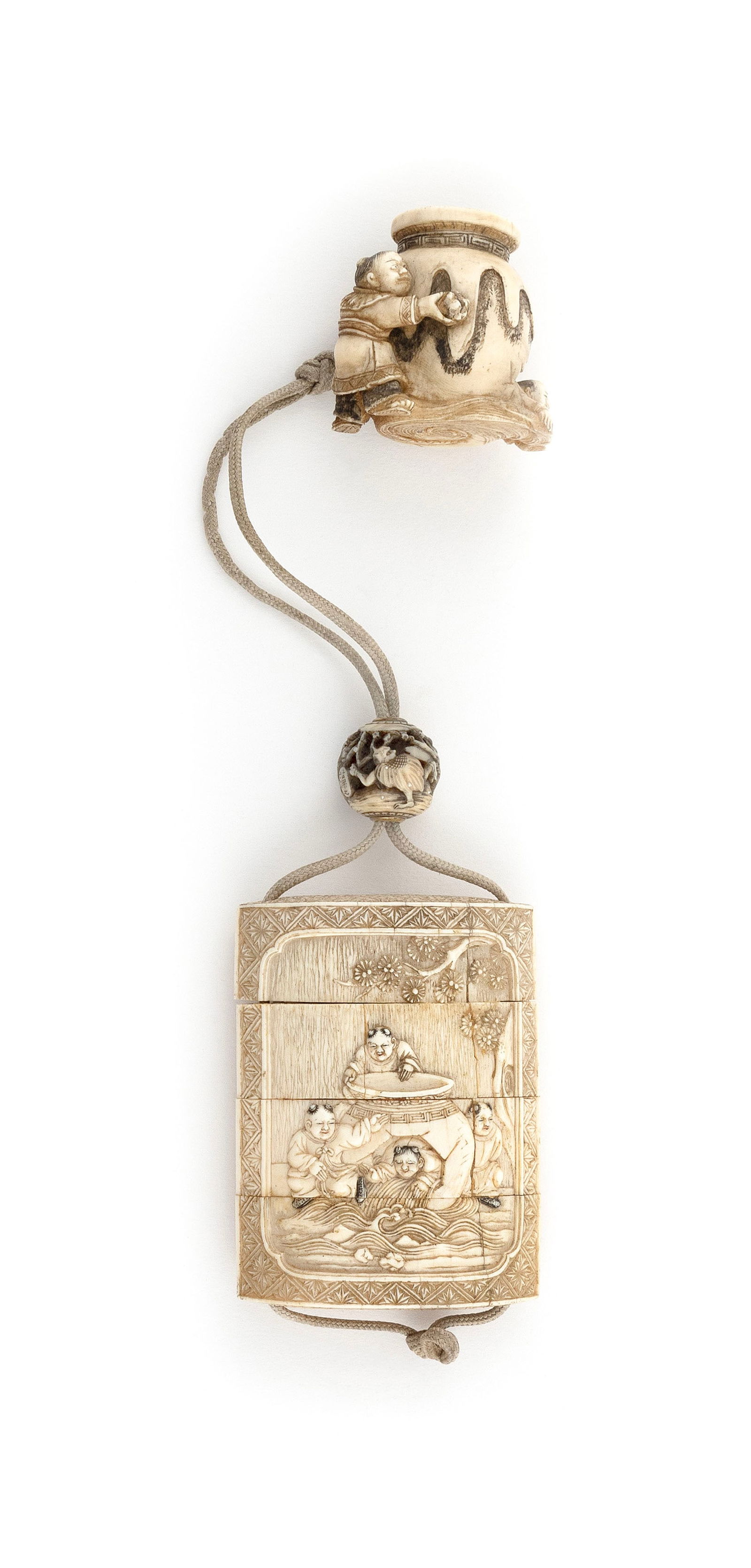 JAPANESE CARVED IVORY THREE-CASE INRO AND NETSUKE DEPICTING THE STORY OF SHIBA ONKO 19th Century (1 of 3)