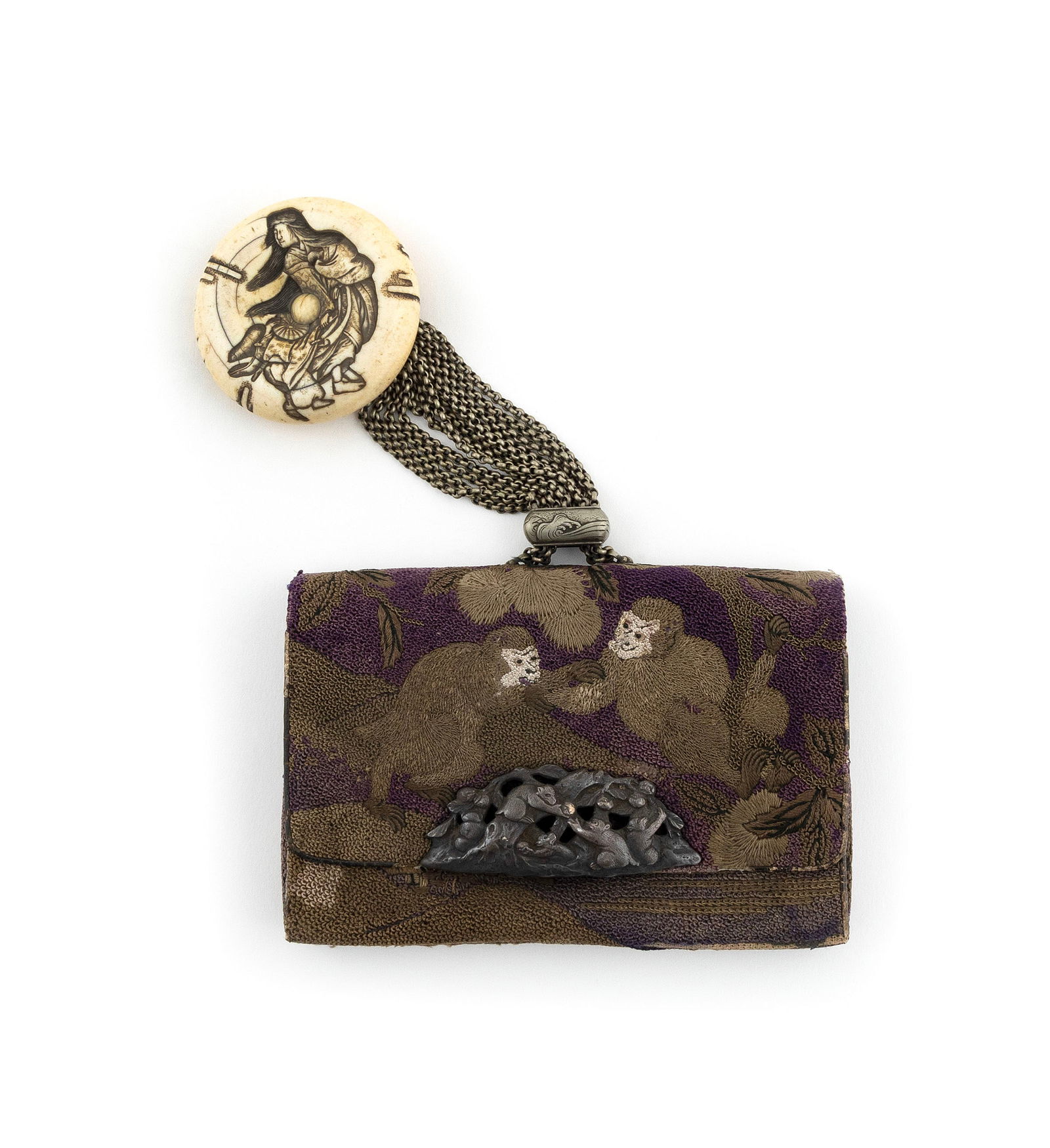 JAPANESE CARVED IVORY MANJU NETSUKE 19th Century Manju diameter 2.25". Pouch length 5.5". (1 of 2)