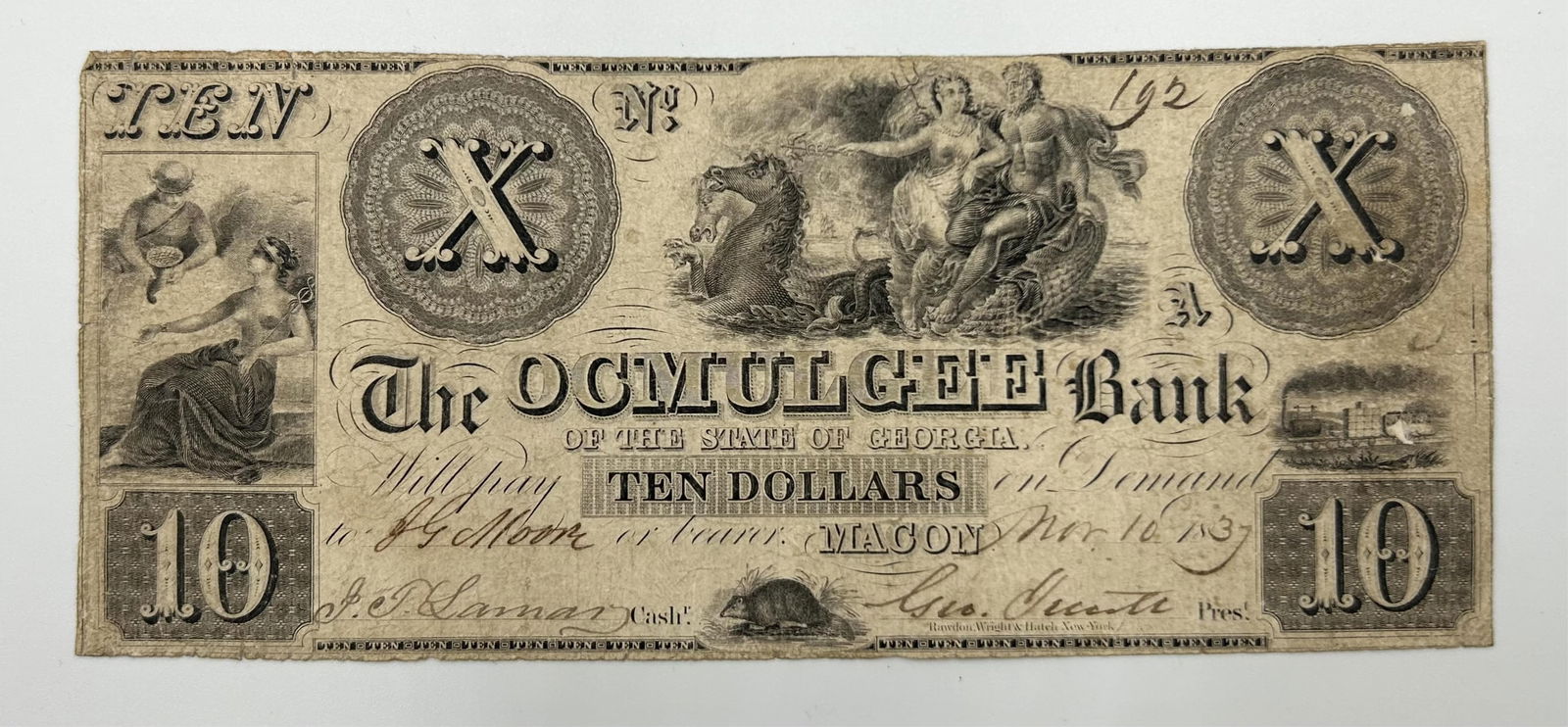OCMULGEE BANK TEN DOLLAR NOTE 3" x 7.25".