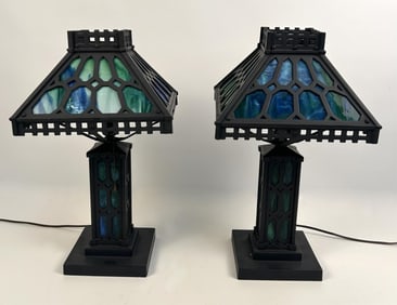 PAIR OF ARTS AND CRAFTS TABLE LAMPS Mid-to Late 20th Century Heights 19.5". Shades 6.5" x 11" x 11".