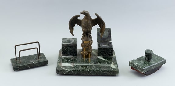 GREEN MARBLE THREE-PIECE DESK SET 20th Century Standish height 11".