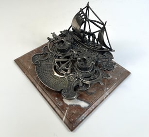 SILVER PLATED MARINE MOTIF INKWELL Late 19th Century Height 10". Base 12" x 14".