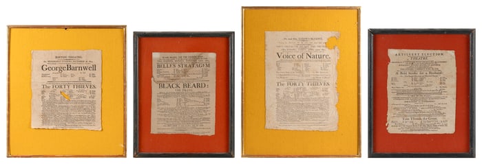 FOUR THEATER BROADSIDES Early 19th Century Framed to 13" x 10".