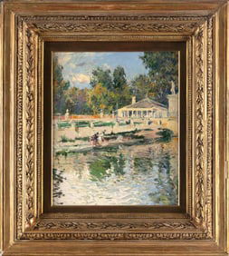SEGUNDO MATILLA Y MARINA (Spain, 1862-1937), Figures by a city pool., Oil on board, 19" x 15".