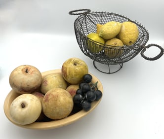 WIRE COMPOTE CONTAINING ELEVEN PIECES OF STONE FRUIT 19th Century Compote height 6".