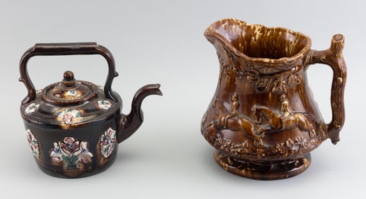 BENNINGTON POTTERY PITCHER AND A TEAPOT 19th Century Heights 8.5" and 9.5".