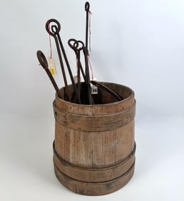 SEVEN BRANDING IRONS AND A FIRKIN 19th/Early 20th Century Iron lengths to 23". Firkin height 12.5".