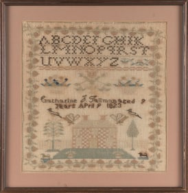 NEEDLEWORK SAMPLER Dated 1823 18" x 17" sight. Framed 23" x 22.5".