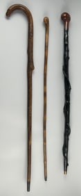 THREE RUSTIC WOODEN CANES 19th/Early 20th Century