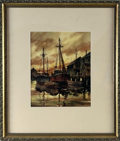 JOHN CUTHBERT HARE (Massachusetts/Florida, 1908-1978), Provincetown docks at sunset., Watercolor on