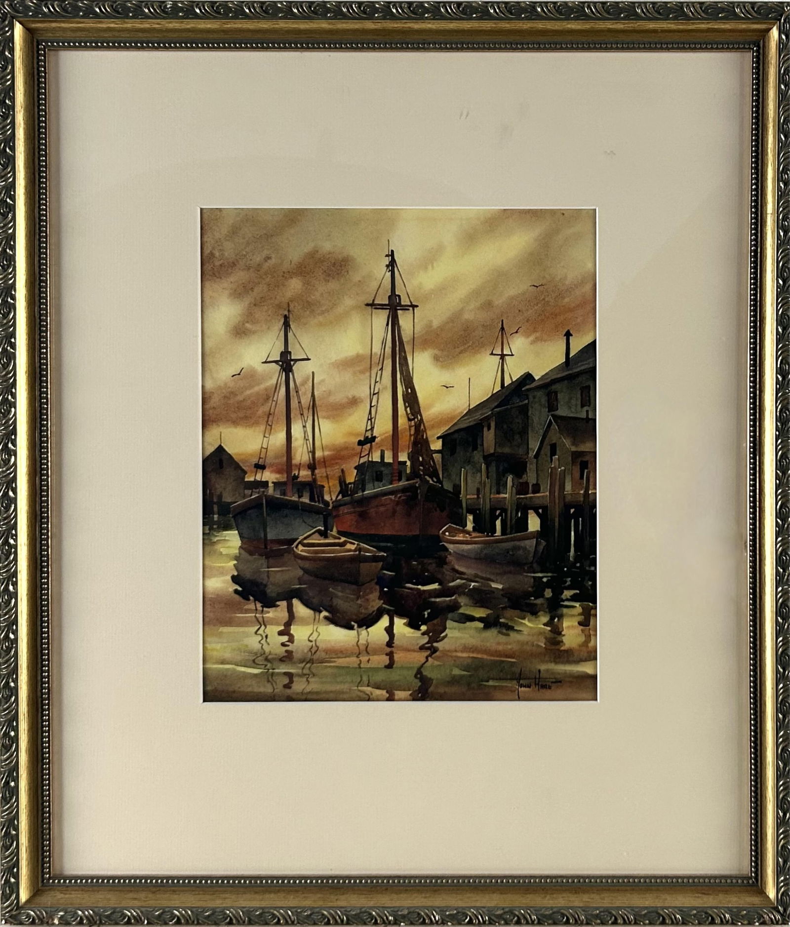 JOHN CUTHBERT HARE (Massachusetts/Florida, 1908-1978), Provincetown docks at sunset., Watercolor on: JOHN CUTHBERT HAREMassachusetts/Florida, 1908-1978Provincetown docks at sunset. Signed lower right "John Hare".Watercolor on paper, 12" x 9" sight. Framed 22" x 19".