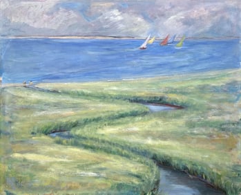 MAUD MILLICENT CLAPP (Massachusetts/Hawaii, 1913-2001), "Rainbow Fleet, Nantucket"., Oil on canvas,