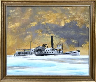AMERICAN SCHOOL (20th Century,), The sidewheeler Nantucket., Acrylic on artist board, 20" x 24".
