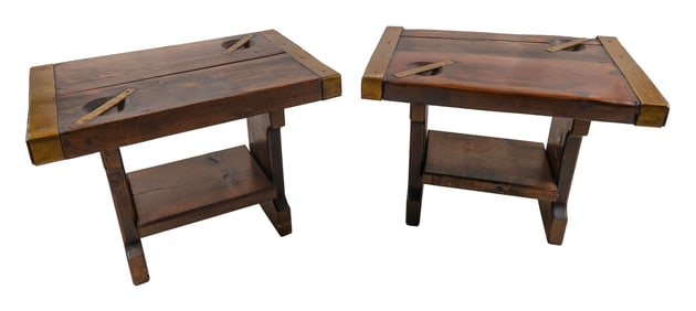 PAIR OF SHIP'S BRASS-BOUND HATCH COVERS MOUNTED AS END TABLES 20th Century Heights 22". Lengths 30".