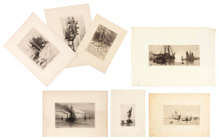 SEVEN NAUTICAL ETCHINGS 19th/20th Century Sheets from 9.25" x 7" to 11" x 15.75". Unframed.