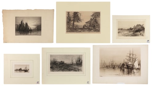 SIX NAUTICAL AND LANDSCAPE ETCHINGS 19th/20th Century Sheets from 7" x 10" to 12.75" x 17.75".