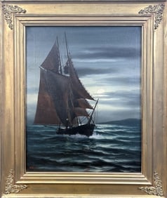 D.A. FISHER (Maine/California, 1867-1940), Moonlit sail., Oil on canvas, 20" x 16". Framed 26" x